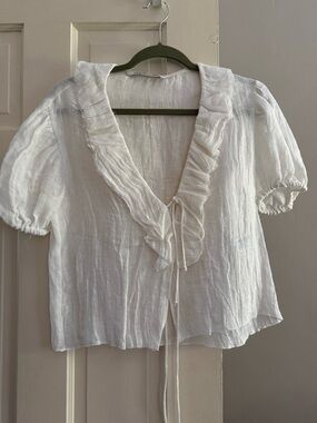 Zara White Ruffled Tie-Front Linen Top